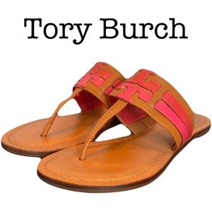 Tory Burch Ambra Tumbled Logo Thong Leather Sandals Size 7